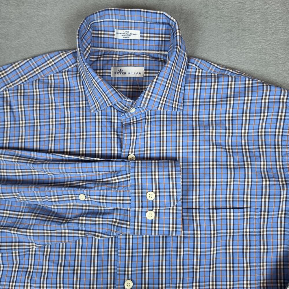 Peter Millar Mens Large Blue Plaid Button Front Dress Shirt Stretch Cotton